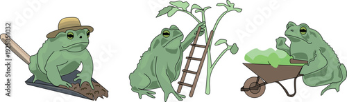 A collection of three stylized green frogs engaged in gardening activities. One toad sits on a shovel wearing a straw hat, another climbs a ladder to tend to plants, and the third pushes a wheelbarrow