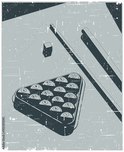 Billiard balls in triangle rack cues and chalk close-up retro poster