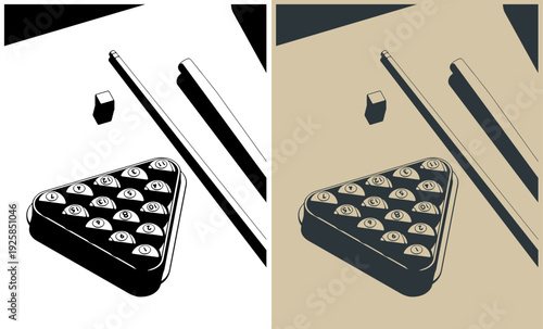 Billiard balls in triangle rack cues and chalk close-up