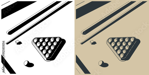 Billiard balls in triangle rack, cues and chalk close up