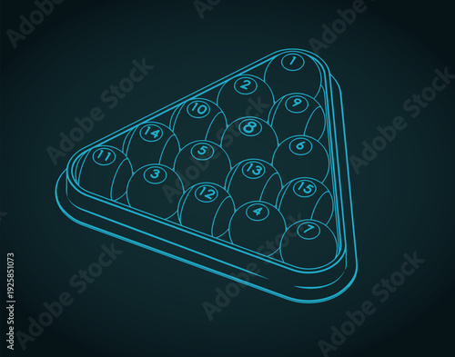 Billiard balls in triangle rack close-up sketch