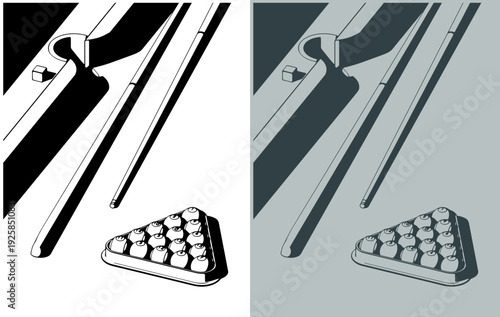 Billiard balls in triangle rack, cues and chalk close-up