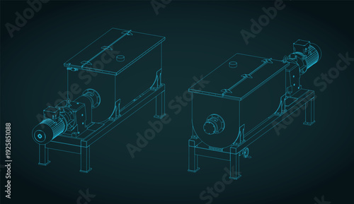 Industrial mixer for processing and mixing dry materials isometric blueprints