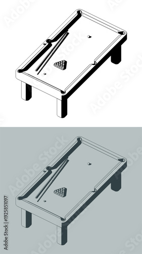 Billiard table with balls in triangle and cues on it