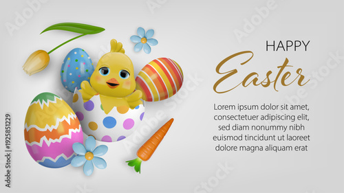 happy easter card with cute 3d chick in a hatched egg, colorful eggs and flowers