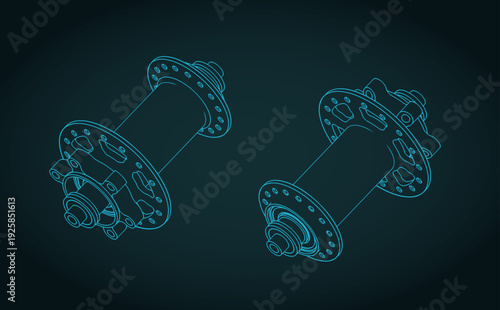 Bicycle front wheel hub isometric blueprints illustration