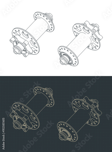 Bicycle front wheel hub isometric drawings illustrations