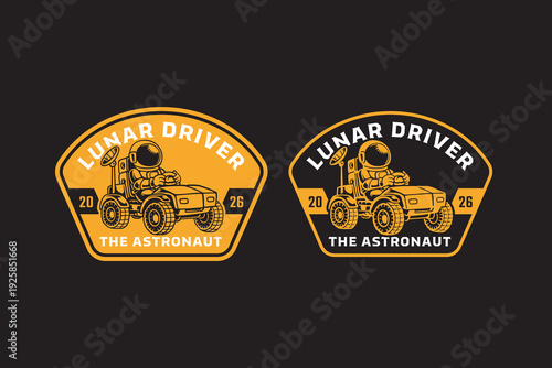 Lunar rover astronaut retro badge logo design set for galaxy adventure. Moon vehicle and driver vintage patch symbol pack for explorer. Astronaut driving moon rover rustic emblem elements for kids