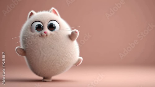Cute 3D chubby white cat character with big expressive eyes on pastel background