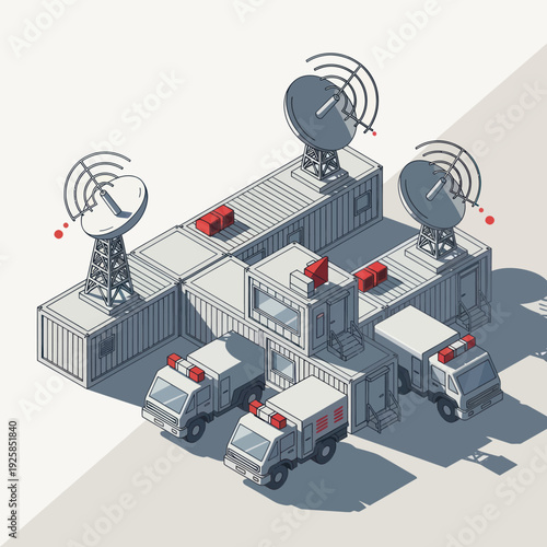 Emergency Response Command Center with Satellite Dishes and Ambulances.