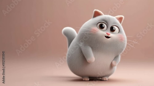 Cute 3D chubby white cat character with big expressive eyes on pastel background