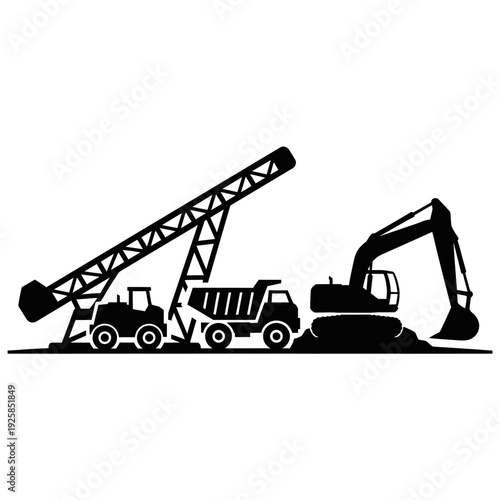 Heavy Construction Equipment Silhouettes on a Job Site.