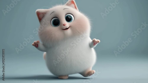 Cute 3D chubby white cat character with big expressive eyes on pastel background