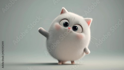 Cute 3D chubby white cat character with big expressive eyes on pastel background