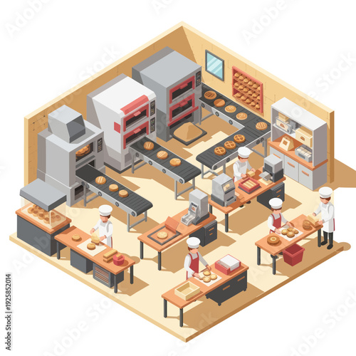 Isometric Bakery Production Line with Bakers and Equipment.