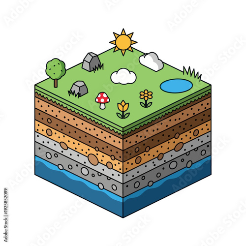 Isometric Cross Section of Earth Layers with Surface Ecosystem.