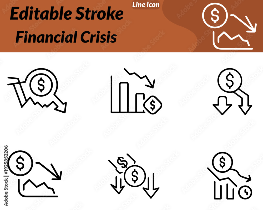 Fototapeta premium A Financial Crisis icon in character style shows a stressed businessperson standing beside a falling graph and a cracked piggy bank. The character may wear a suit and hold their head in worry raised. 