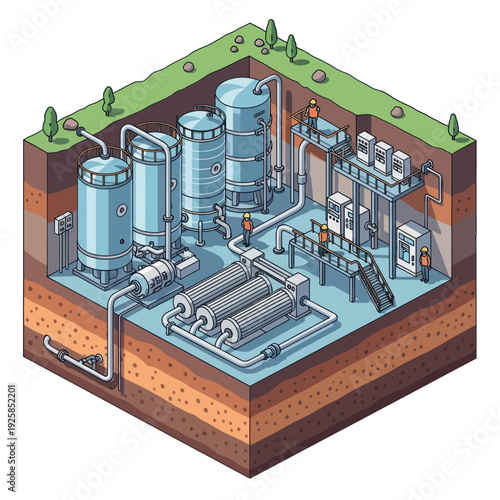 Isometric Cross Section View of Underground Water Treatment Plant.
