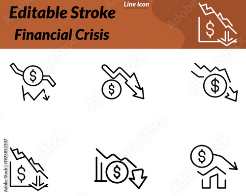 A Financial Crisis icon in character style features a small businessperson character showing stress and worry. The character can wear a simple suit and holding their head looking down at a declining.