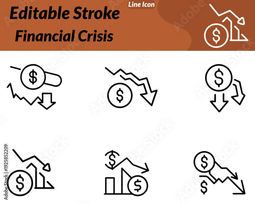 A Financial Crisis icon in character style shows a stressed businessperson standing beside a falling graph and a cracked piggy bank. The character may wear a suit and hold their head in worry raised. 