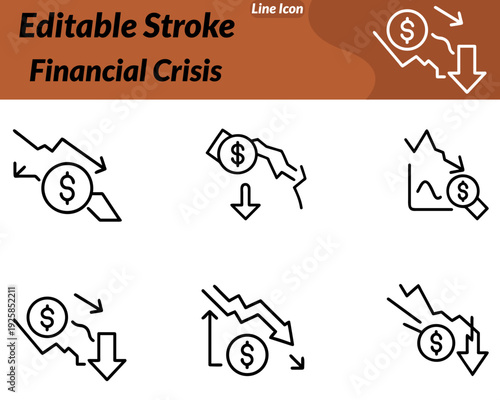 A Financial Crisis icon in character style features a worried businessperson standing next to a broken piggy bank and a sharp downward arrow chart.The character may wear a simple suit show a stressed.