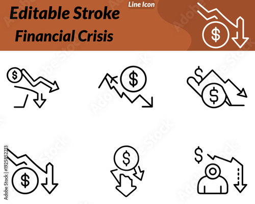 A Financial Crisis icon in character style features a worried businessperson standing next to a broken piggy bank and a sharp downward arrow chart.The character may wear a simple suit show a stressed.