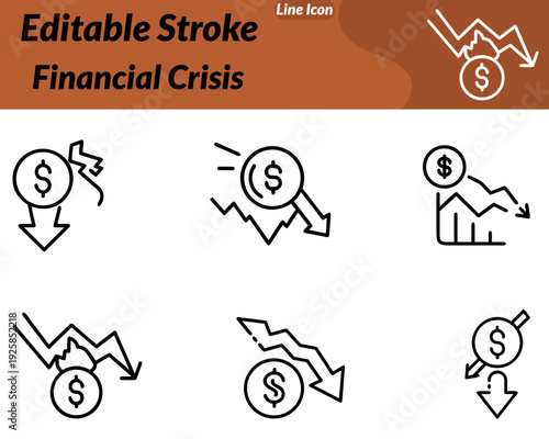 A Financial Crisis icon in character style shows a worried businessperson. Beside a cracked piggy bank and a downward red arrow chart. The character has a stressed expression symbolizing money loss.