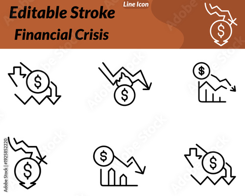 A Financial Crisis icon in character style shows a worried businessperson. Beside a cracked piggy bank and a downward red arrow chart. The character has a stressed expression symbolizing money loss.