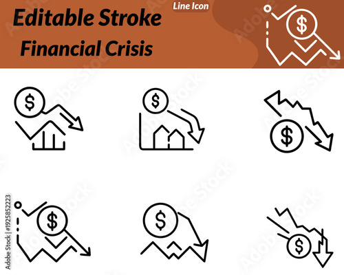 A Financial Crisis icon in character style features a small businessperson character showing stress and worry. The character can wear a simple suit and holding their head looking down at a declining.