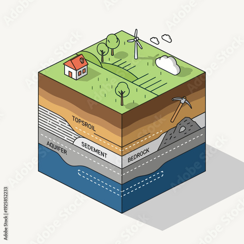 Isometric Cross-Section of Earths Layers and Surface Features.