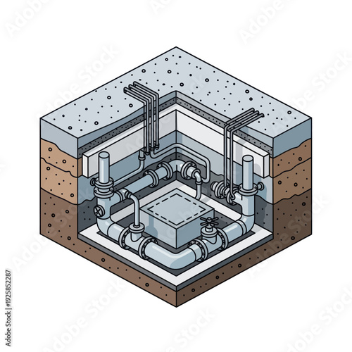 Isometric Cross-Section of Underground Utility Infrastructure with Pipes and Cables.