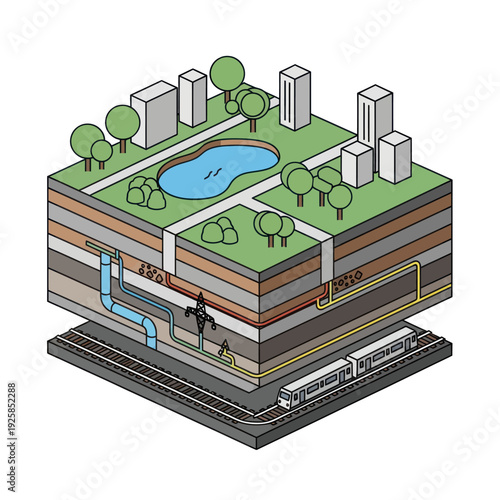 Isometric Cross-Section of Urban Infrastructure and Underground Systems.