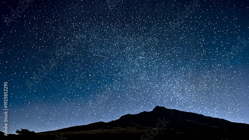A dark night sky filled with countless stars blankets a silhouetted mountain range