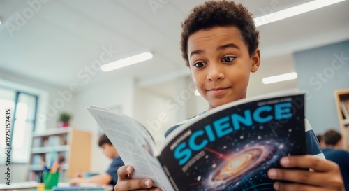 Amazed African American boy reading science magazine in classroom. Excited student discovering astronomy. STEM education