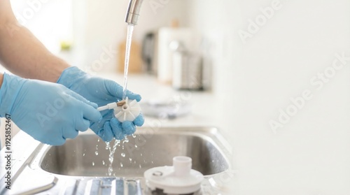 Hands in blue gloves are washing a plastic part of a household appliance with a brush under running water in a sink.