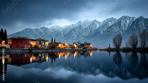 Lakeside view featuring colorful houses, illuminated by streetlights, reflected in still water under mountains
