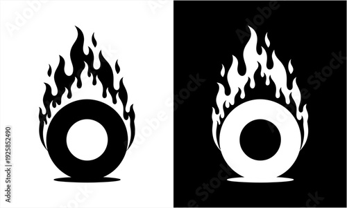 Burning tire icon in black and white, a symbol of speed and power.