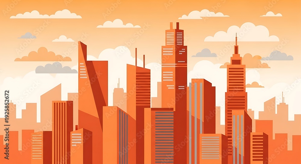 Obraz premium Stylized urban skyline in shades of orange with clouds, flat design