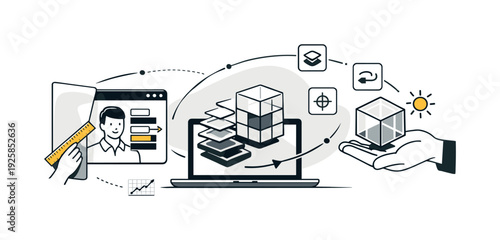 Data Transformation Collage. Modern minimal flat vector conceptual collage, crisp hard edges, consistent THIN outline stroke,
