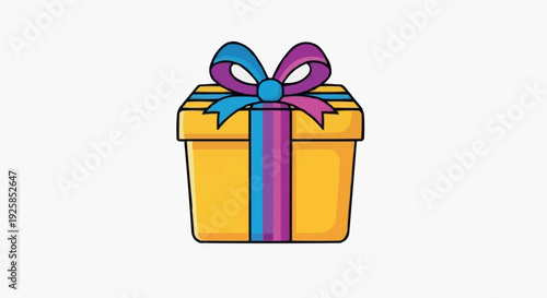 Illustration of a yellow gift box with blue and purple ribbon