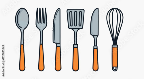 Illustration of kitchen utensils including a spoon, fork, knives, spatula, and whisk