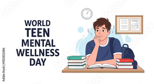 Illustration of a teen boy sitting at a desk with books, contemplating with a thoughtful expression on World Teen Mental Wellness Day, surrounded by educational elements.