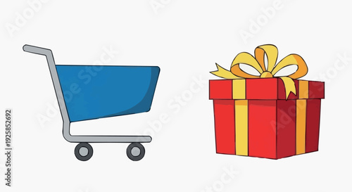 Illustration of a shopping cart and a wrapped gift box