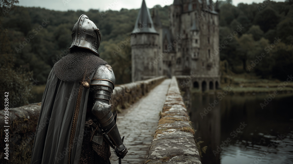 Fototapeta premium A knight in shining armor guarding a castle bridge over a deep moat