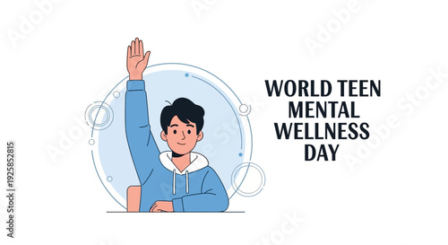 Illustration of a teen raising hand for World Teen Mental Wellness Day with a supportive background and calming mood.