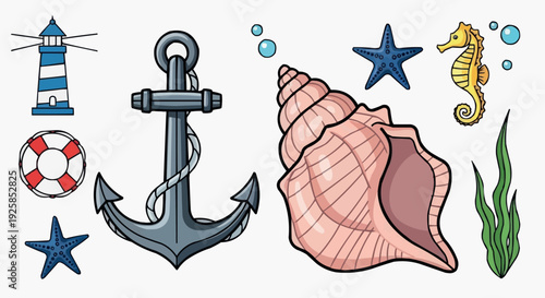 Nautical illustration featuring a lighthouse, anchor, seahorse, starfish, and seashells