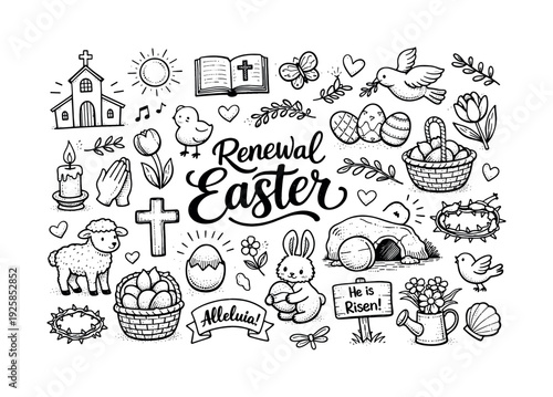 Renewal Easter illustration, hand drawn doodle elements set, center hand-lettered title, black & white vector line art, bold