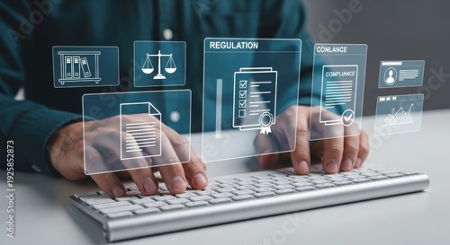 A person working on a computer with regulatory compliance icons floating above the keyboard.