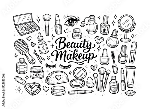 Beauty makeup vanity tools, hand drawn doodle elements set, center hand-lettered title, black & white vector line art, bold clean