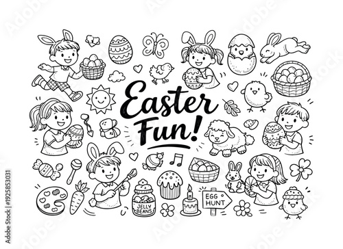 Joyful kids Easter fun activities, hand drawn doodle elements set, center hand-lettered title, black & white vector line art,